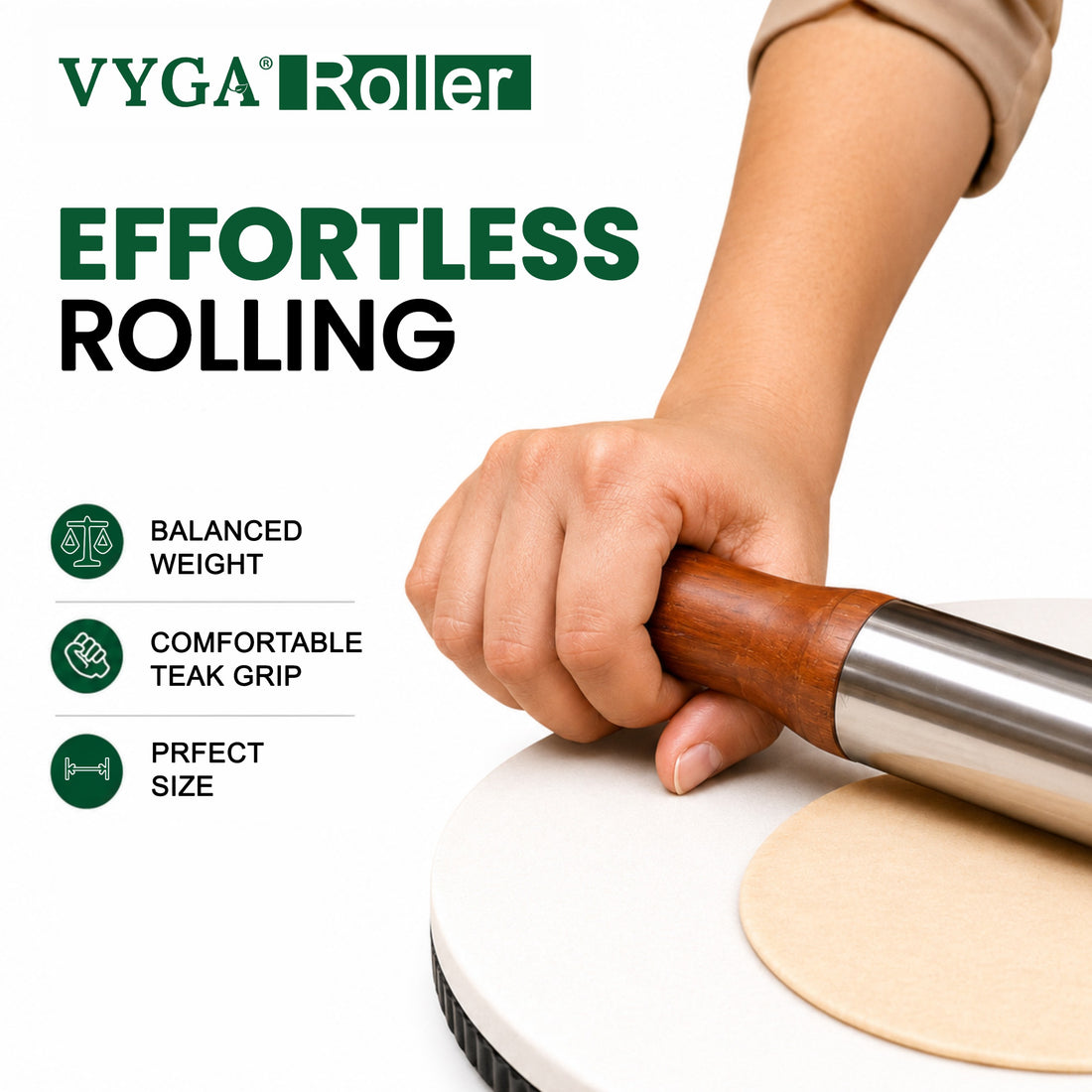 VYGA Stainless Steel Roller with Premium Teak Wood Handle