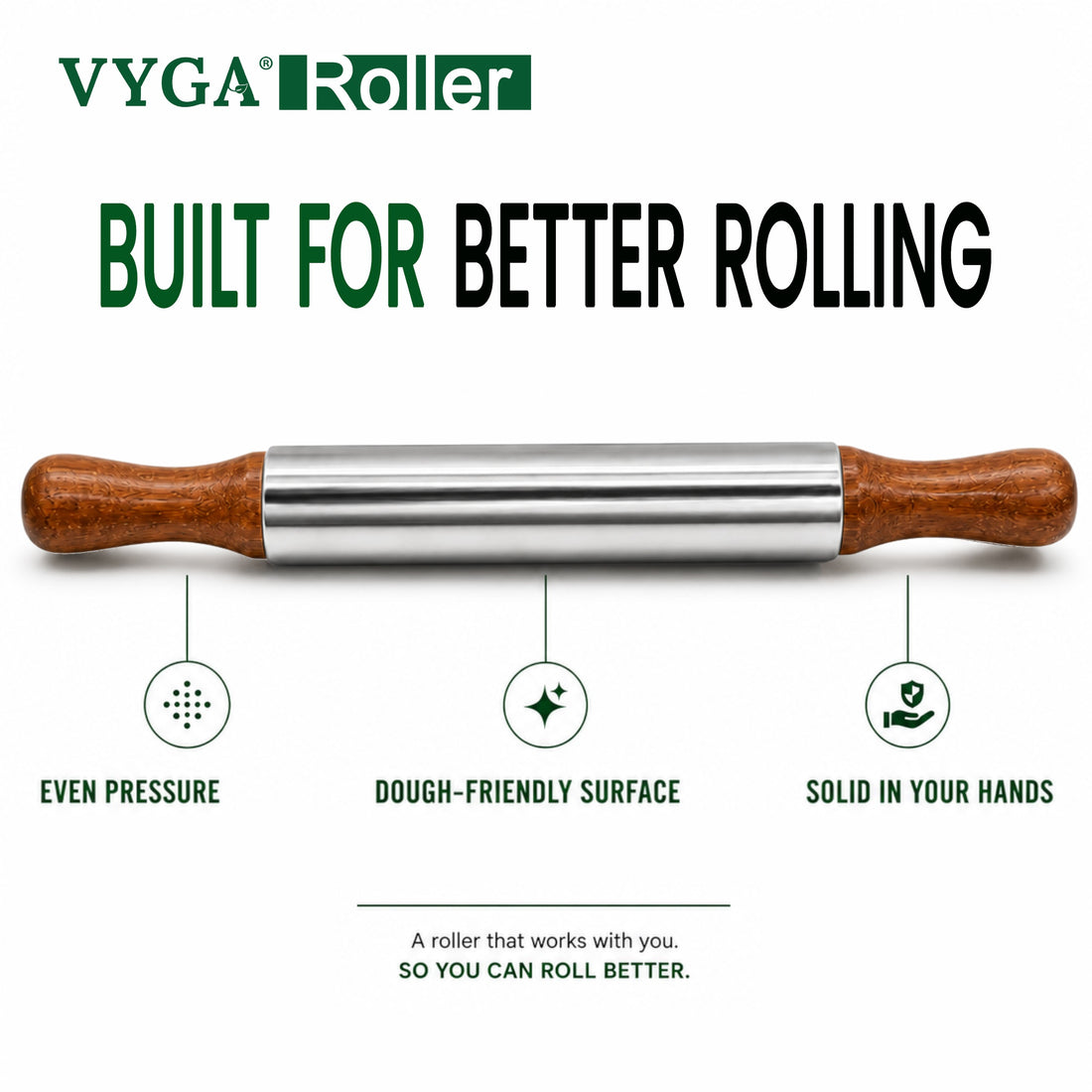 VYGA Stainless Steel Roller with Premium Teak Wood Handle