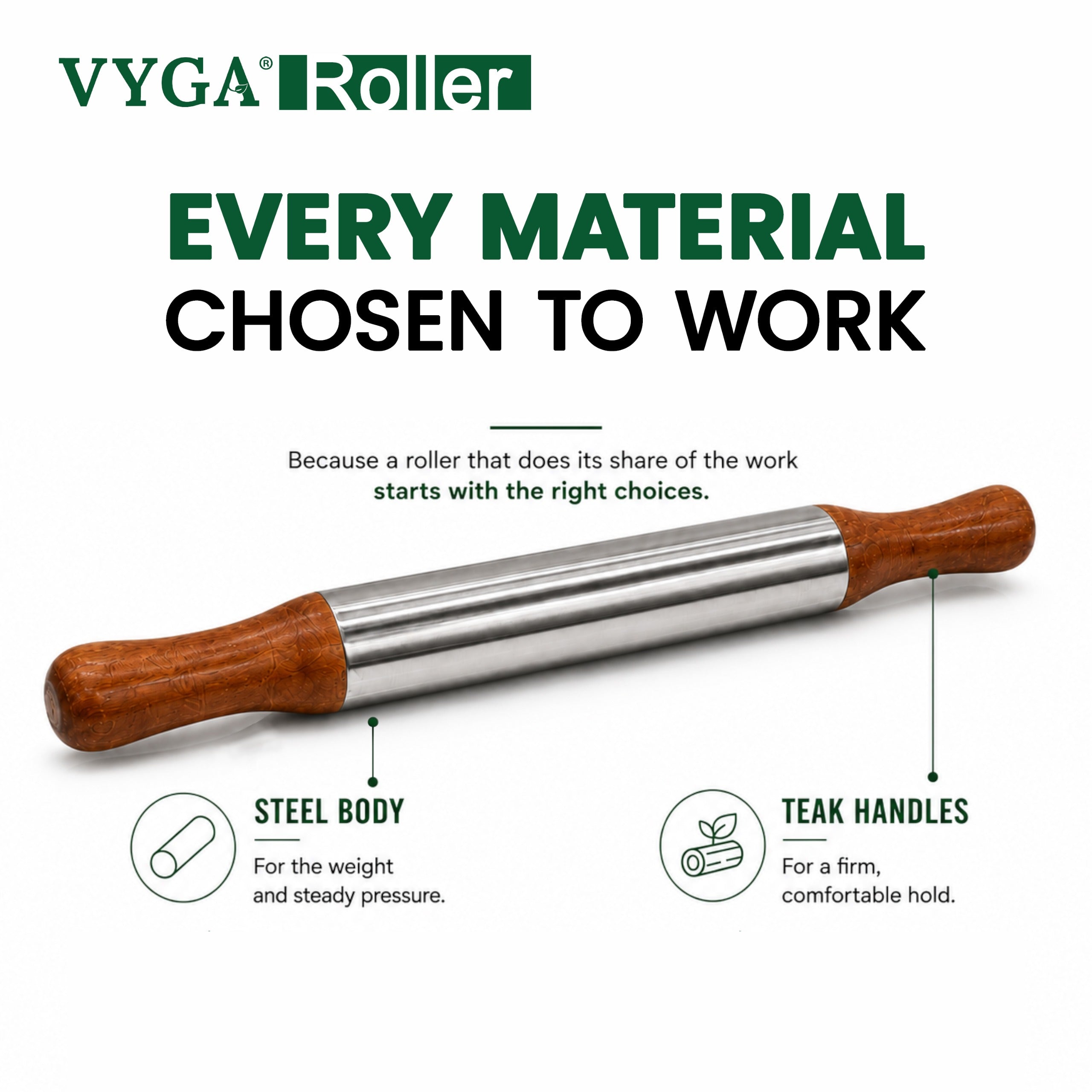 VYGA Stainless Steel Roller with Premium Teak Wood Handle