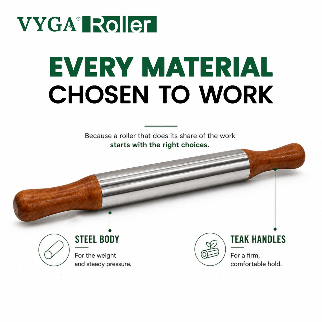 VYGA Stainless Steel Roller with Premium Teak Wood Handle