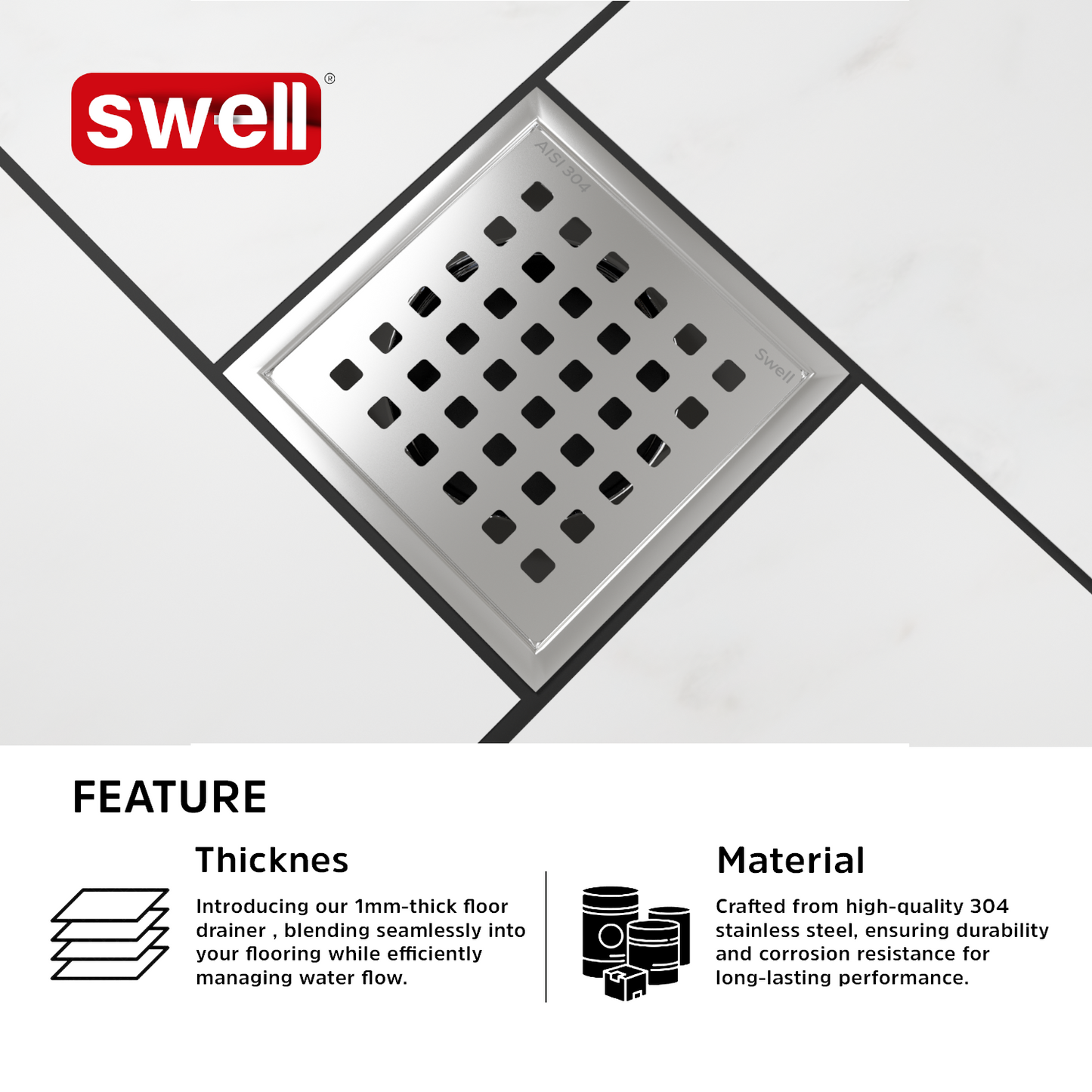 Swell Floor Drain PM 1002 | Satin Chrome